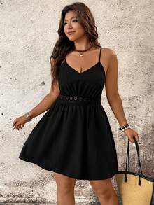 Breezaya Plus Size Summer Solid Color Lace Patchwork Camisole Dress - Black - View 3