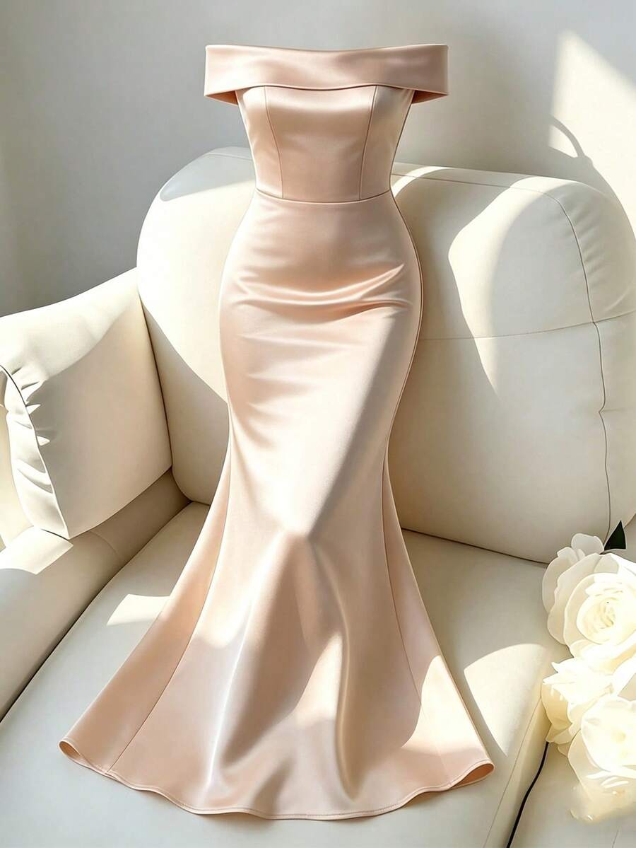 SHEIN Franclia 新款春夏女士长裙，优雅女士长裙，夏季度假女士长裙，夏季优雅女士长裙，优雅派对女士长裙，可作为外套穿着的长裙，简约杏色女士长裙，缎面亮面杏色女士长裙，简约A字长裙，夏季度假套装长裙 - 杏色 - 查看 1