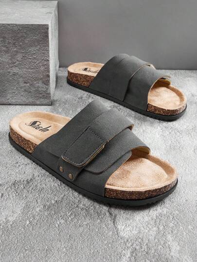 SHUZIA Quiet Luxury Men's One-Band Adjustable Suede Grey Footbed Slide Sandals – Minimalist, Versatile & Comfortable