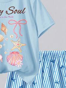 Tween Girls' Summer Casual Beach Vacation Shell & Starfish Letter Print Loose Shoulder T-Shirt And Striped Shorts Set - Multicolor - View 5