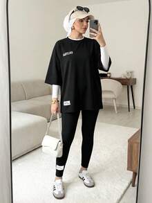 Solavon 2 件套女士夏季字母印花超大 T 恤和裤子休闲装 2 件套 - 黑色 - 查看 2