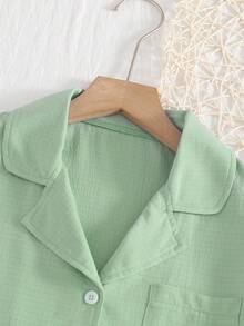 2pcs/Set Tween GirlsCollared Short Sleeve Top And Casual Pants Loungewear Set - Mint Green - View 4