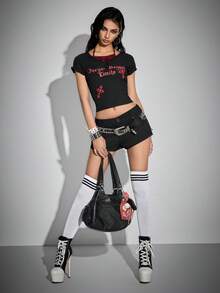 Bloopia Women's Fashion Letter Print Plaid Patchwork 2 In 1 Cropped Top, Grunge Graphic Streetwear Y2k, Red And Black, Summer, Punk, Rock Concert Night Out - Black - View 3