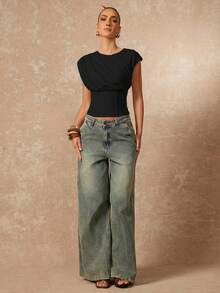 Lumalex 女士休闲圆领褶皱腰部短袖上衣 - 黑色 - 查看 2