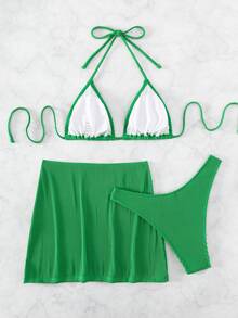 SHEIN Swim Sọc Bộ Bikini Dây Tam giác Bras & Cao eo Đáy & Váy đi biển 3 mảnh Bộ đồ tắm - màu xanh lá - Xem 2