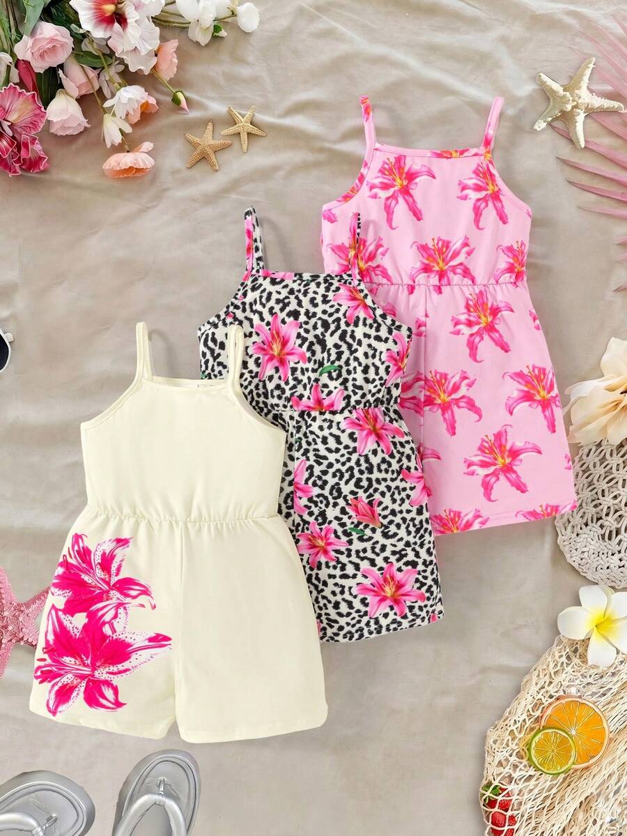 SHEIN Elladie kids 3件組少女夏季新款花卉滿版印花純色連身褲,極簡時尚度假風連身衣 - 彩色 - 查看 1