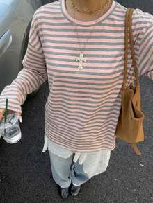 SHEIN Muchic 休闲多巴胺粉色条纹迷你马印花宽松圆领长袖T恤，适合夏季穿着 - 彩色 - 查看 6