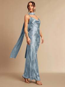 Silquee Đầm satin jacquard hở lưng kiểu đan chéo dành cho nữ, thích hợp cho mùa xuân và mùa hè. - Màu xanh lam - Xem 5