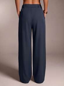 SHEIN Tall CURVE Pantalones anchos sueltos con pliegues y bolsillos de unicolor para mujer de talla grande - Neblina azul - Ver 2