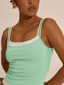 Top de Tirantes de Doble Capa con Cuello Cuadrado, Primavera Verano, Vacaciones, Aeropuerto, Boho Ibiza, Elegante, Lindo, Y2K, Festival, Casual - Multicolor 2 - Ver 3