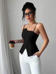 Elenzga 2025新款蓝色不对称设计时尚百搭通勤休闲束腰吊带背心 - 黑色 - 查看 4