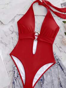 Swim SXY Women's Solid Color Deep V-Neck Sexy One-Piece Metallic Decor Swimsuit For Beach Vacation - Red - View 4