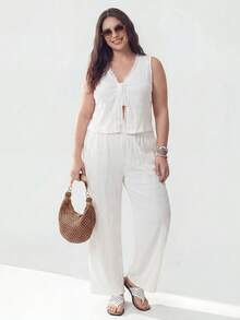 Solavibe Plus Size All White 2 Pieces Lace Trim Knit Set Vacation Summer Outfit Zante Holiday Two Piece Set Yrack Suits For Ladies Brunch Formal Party Casual - White - View 1