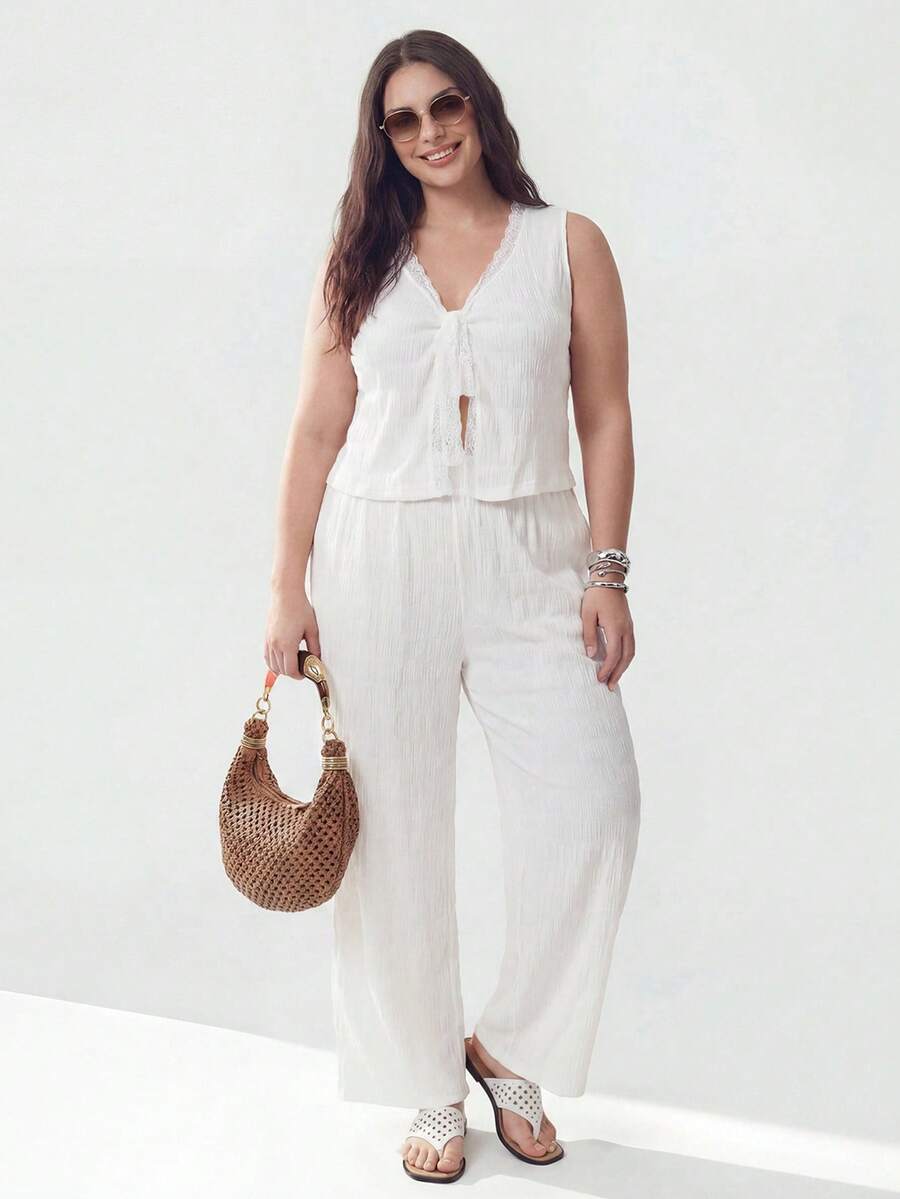 Solavibe Plus Size All White 2 Pieces Lace Trim Knit Set Vacation Summer Outfit Zante Holiday Two Piece Set Yrack Suits For Ladies Brunch Formal Party Casual - White - View 1