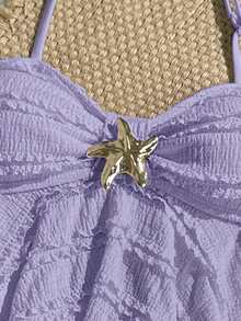 SHEIN Tween Girl Knit Jacquard Solid Color Sleeveless Halter Ruffle Tankini Swimwear Set - Purple - View 4