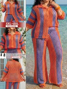 SHEIN CURVE+ 大码度假休闲撞色条纹镂空针织开衫和裤子套装 - 彩色 - 查看 1