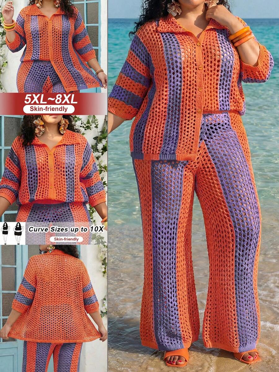 SHEIN CURVE+ 大码度假休闲撞色条纹镂空针织开衫和裤子套装 - 彩色 - 查看 1