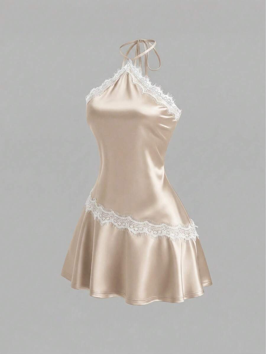 SHEIN Sweetro Đầm dự tiệc đa năng kiểu Y2K gợi cảm với họa tiết hoa và lông mi. - Rượu sâm banh - Xem 1