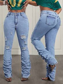 Slaydiva Quần jean denim nữ có túi và cúc, kiểu dáng rách, thoải mái, đa năng, thích hợp mặc hàng ngày. - Màu xanh lam - Xem 3