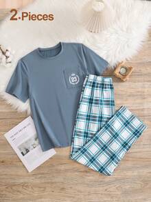Set de 2 piezas: Pantalones a cuadros estilo caballero y top de manga corta con estampado numérico, conjunto casual para niños adolescentes - Gris Oscuro - Ver 3