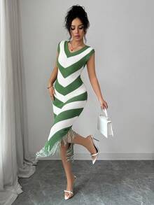 Selianne Đầm dệt kim không tay kẻ sọc tua rua thời trang thanh lịch dành cho nữ - màu xanh lá - Xem 4