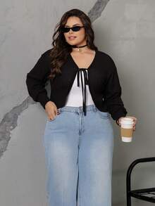 Plus Size V-Neck Solid Color Cut-Off Lace-Up Long Sleeve T-Shirt, Spring/Summer,Fall Clothes - Black - View 5