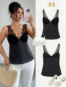 Rafferiza Women's Elegant Sexy Vintage Black And White Polka Dot Polka Dot Lace Collar Sleeveless Top, Sweet Style For Dates Night Out Summer - Black - View 3