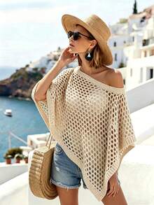 EMERY ROSE Women's Solid Color Hollow Out Asymmetrical Hem Knit Top - Khaki - View 4