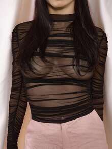 OverBlushhh Women's Black Mesh Ruched Bodycon Top Mock Neck Open Back - Black - View 2