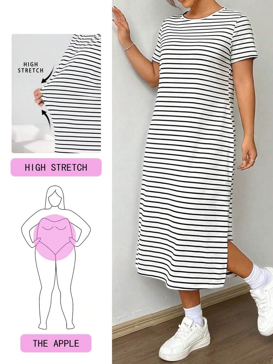 Solflare Plus Size Striped Print Round Neck High Slit Short Sleeve Dress For Women - Multicolor - View 1