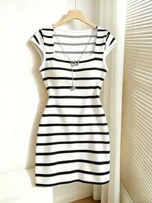 Franclia Women's Black & White Striped Print Square Neck Casual Dress - Black and White - View 1