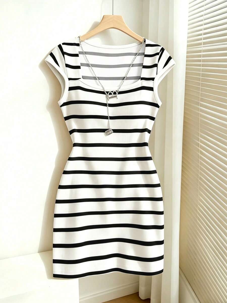 Franclia Women's Black & White Striped Print Square Neck Casual Dress - Black and White - View 1