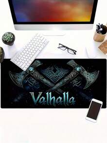 1pc Viking Gaming Desk Mat And Mouse Pad - Nordic Theme Double Axe Design, Featuring Viking Ship And Runic Inscriptions, Non-Slip Rubber Base, Wrist Rest, Washable Polyester Surface, Deep Blue And Golden Viking Art Pattern, Perfect For Gaming Setup And Nordic Enthusiasts. Desk Accessory, Office Supply, Desk Pad, Mouse Pad - multicolor - View 7