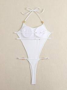 Swim SXY 1pc Solid Color Halter Tie Beaded One-Piece Swimsuit - White - View 3