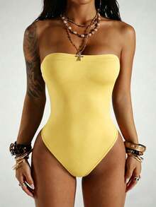 Fiercella Fiercella Streetwear Women's Sleeveless Strapless Bodysuit For Summer - Yellow - View 6