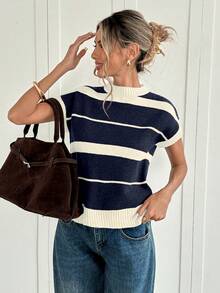 Women's Contrasting Color Striped Knit Blouse - Black and White - View 4