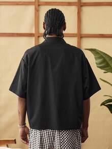 SWAVVY 男士休闲短袖衬衫，男女通用翻领单排扣字母贴布纯色，春夏款 - 黑色 - 查看 3