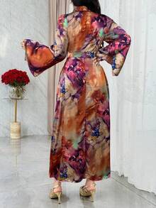 Modelyn Women's Elegant Floral Print Overlap Collar Flare Sleeve Dress, Autumn Silk Dress Wrap Dress - Brown - View 3