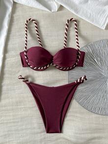 Swim Chiccia 女士棕色编织肩带钢圈性感比基尼泳衣，适合海滩度假，夏季泳装比基尼套装，两件套，冬季波西米亚风假日聚拢泳衣，女士比基尼套装泳装 - 酒紅色 - 查看 3