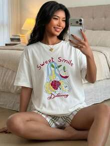 Livesso Women's Summer Fruit & Letter Print Loose Shoulder Top And Contrast Striped Shorts Pajama Set - White - View 5