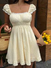 SHEIN SunnyBelle Đầm ngắn nữ dáng chữ A xòe eo cổ búp bê, chất liệu cotton nguyên chất, thích hợp cho mùa xuân/hè. - Màu vàng - Xem 4