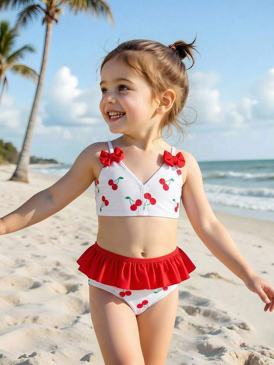 Girls (Small) Swimsuit Set, Red Cute Cherry Pattern With Bow Waist Ruffle Design, Suitable For Beach, Holiday, Swimming Pool - Multicolor - View 1