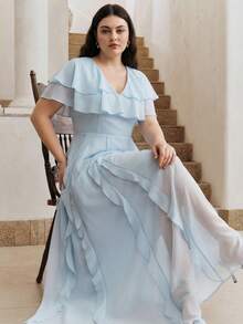 Anewsta Plus Size Women's Elegant Light Blue Layered Ruffled Dress, Suitable For Party And Festivals, Spring/Summer - Baby Blue - View 3