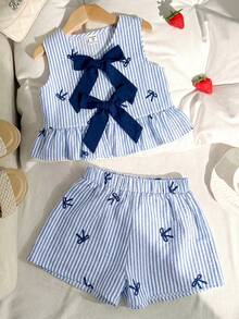 SHEIN Young Girl Casual Minimalist Comfortable Round Neck Sleeveless Bow Decor Tie Bow Ruffle Hem Tank Top And Shorts Set - Blue and White - View 4