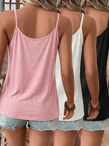 SHEIN LUNE 3pcs/Set Contrast Color Striped Knit Jacquard Camisole Tank Top With Lace Decoration, Suitable For Spring And Summer - Multicolor - View 2
