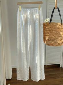 Comfortcana Women's Hollow Out Drawstring Waist Loose Wide Leg Pants, Suitable For Vacation & Beach, White - White - View 2