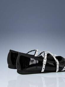CUCCOO GRLICON Retro Style Brown Flat Ballet Shoes, Personalized Rivet Double Buckle With Square Toe Shoes, Versatile Commuter Low Vamp Shoes - Black - View 5