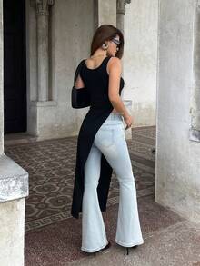 DAZY Square Neck Sleeveless Long Vest For Women - Black - View 2