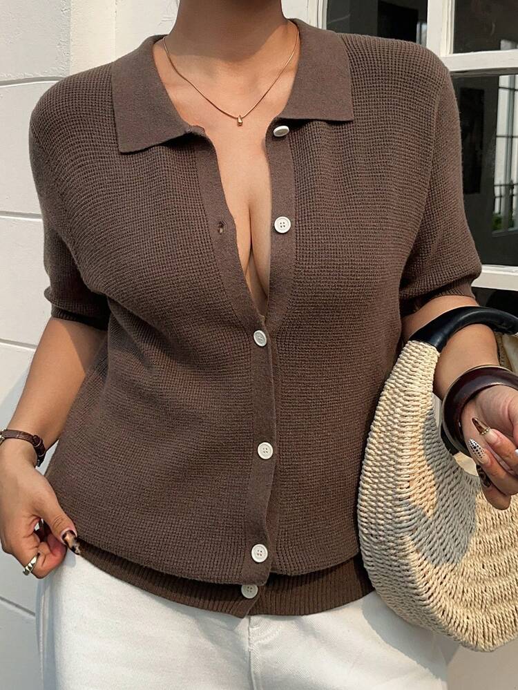 Dazy Plus Street Casual Summer Turndown Collar Solid Cardigan, Plus Size Women Spring/Summer Brown Short Sleeve Knit Top
