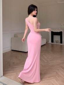 Modelyn Đầm đi nghỉ mát màu hồng dành cho nữ, cổ lệch bất đối xứng, họa tiết hoa, thích hợp cho mùa xuân/hè. - Hồng - Xem 2